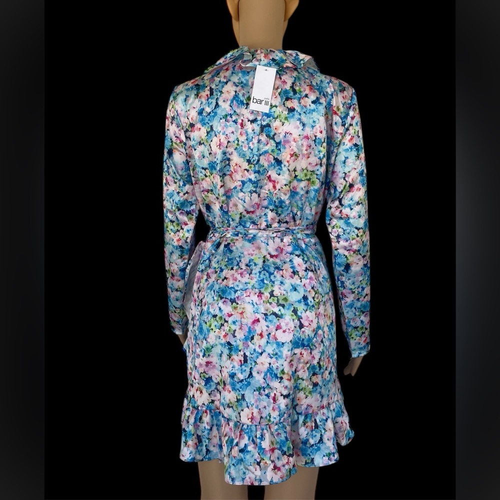 BAR III Petite Floral-Print Ruffled Tie-Waist Satin Wrap Dress Size MP - Picture 6 of 12